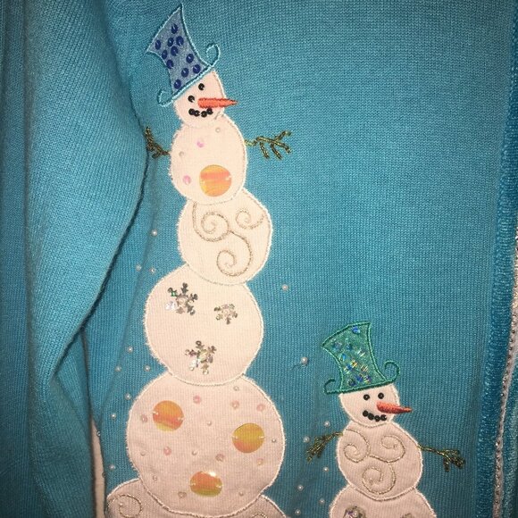 Jack B Quick Petites PS Turquoise Christmas Sweater/Snowmen - Picture 2 of 13